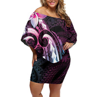 Polynesian Art Tattoo Off Shoulder Short Dress Plumeria Flowers Pink Gradient LT05 Women Pink - Polynesian Pride