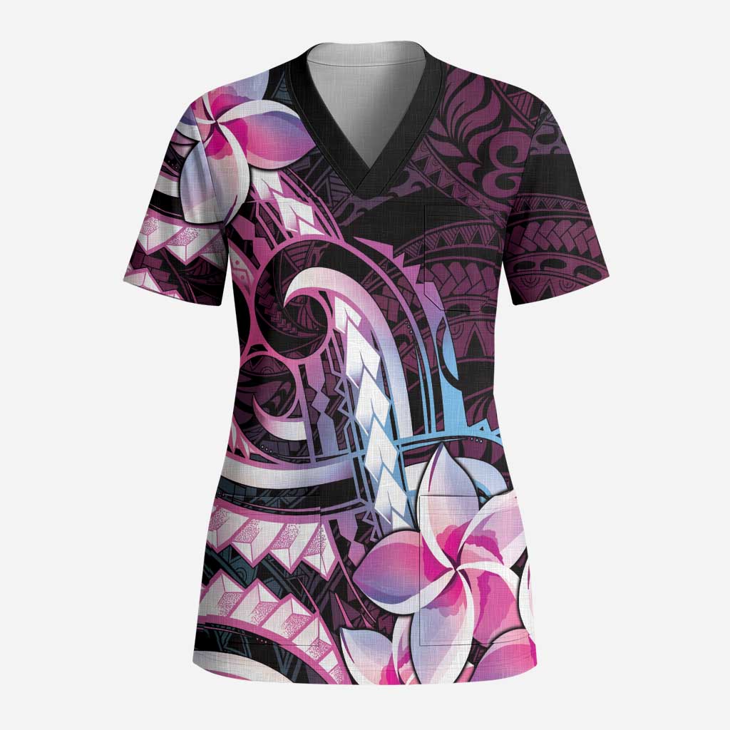 Polynesian Art Tattoo Scrub Top Plumeria Flowers Pink Gradient LT05 Adult Pink - Polynesian Pride