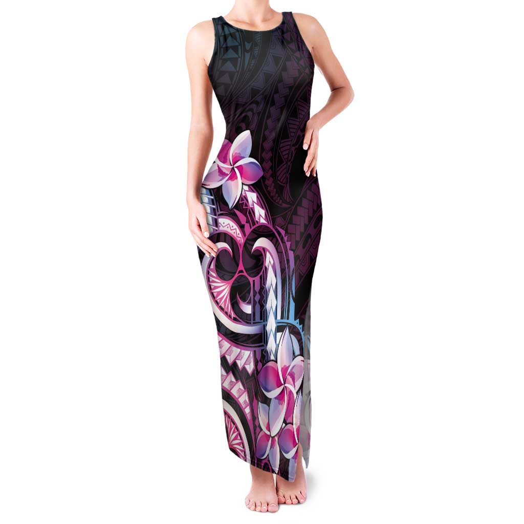 Polynesian Art Tattoo Tank Maxi Dress Plumeria Flowers Pink Gradient