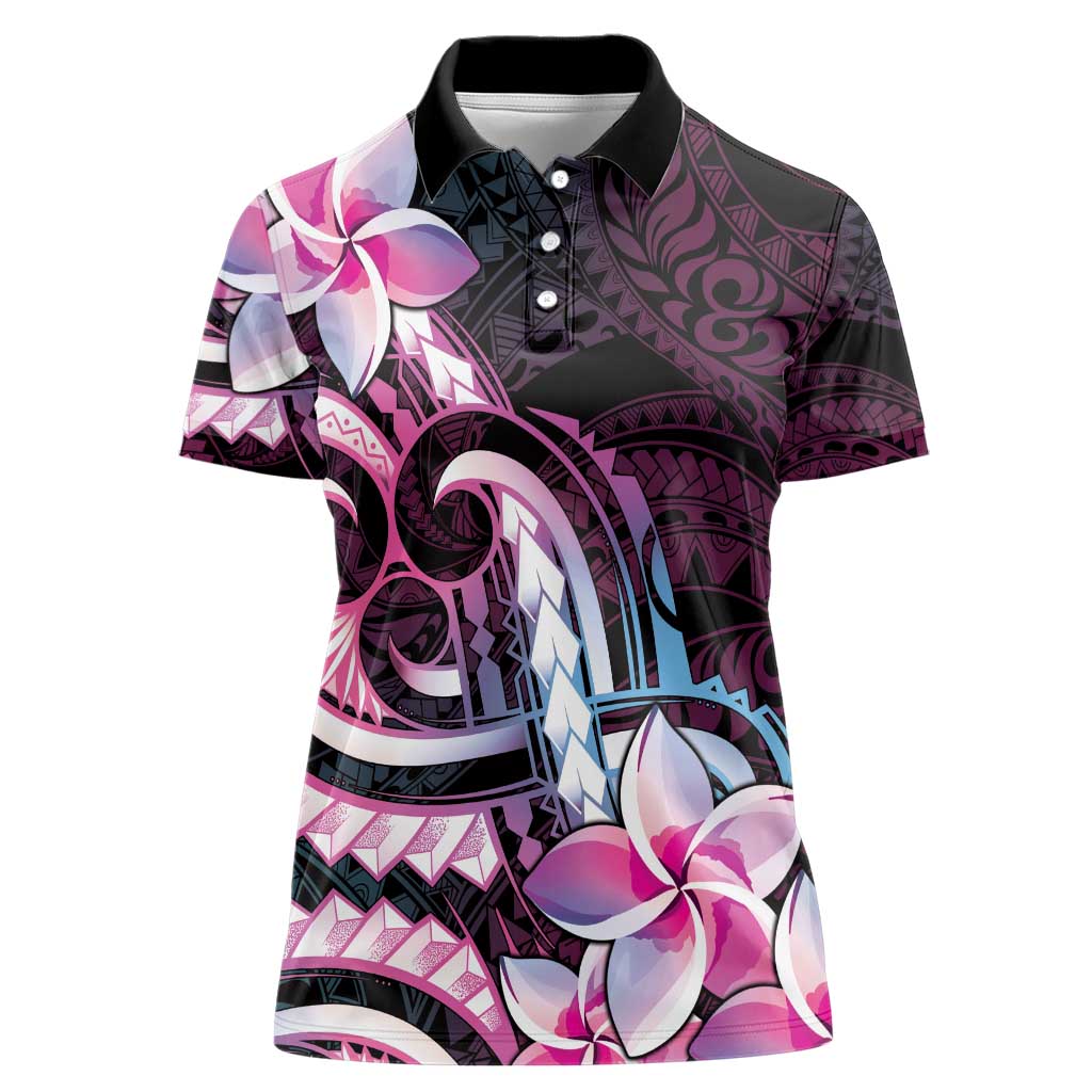 Polynesian Art Tattoo Women Polo Shirt Plumeria Flowers Pink Gradient