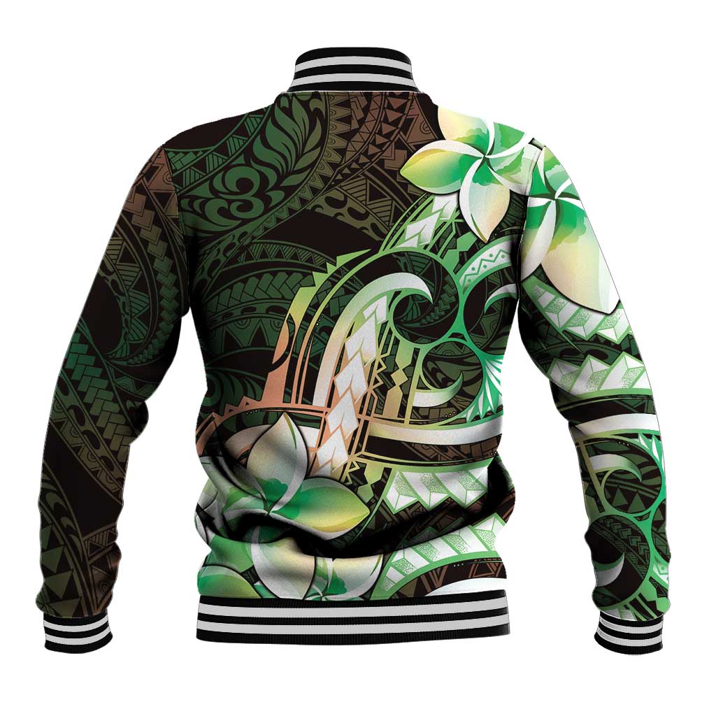 Polynesian Art Tattoo Baseball Jacket Plumeria Flowers Green Gradient LT05 - Polynesian Pride