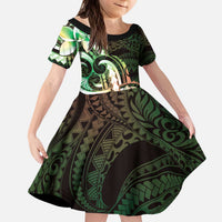 Polynesian Art Tattoo Kid Short Sleeve Dress Plumeria Flowers Green Gradient LT05 KID Green - Polynesian Pride