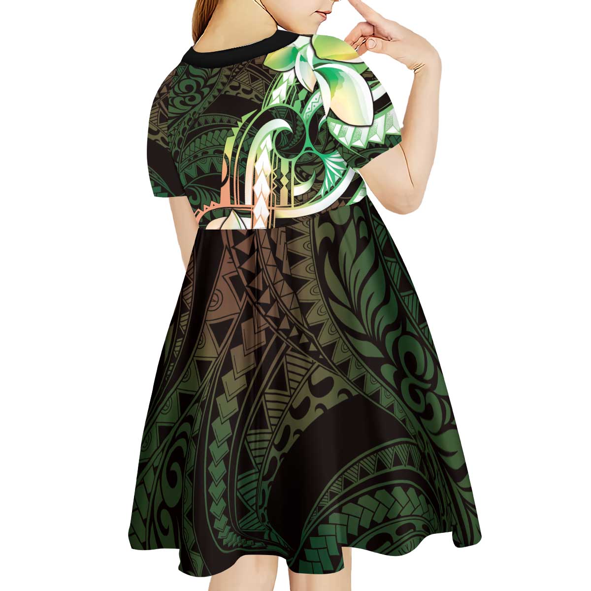 Polynesian Art Tattoo Kid Short Sleeve Dress Plumeria Flowers Green Gradient LT05 - Polynesian Pride