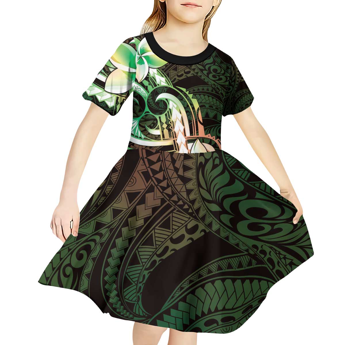 Polynesian Art Tattoo Kid Short Sleeve Dress Plumeria Flowers Green Gradient LT05 - Polynesian Pride
