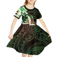 Polynesian Art Tattoo Kid Short Sleeve Dress Plumeria Flowers Green Gradient LT05 - Polynesian Pride