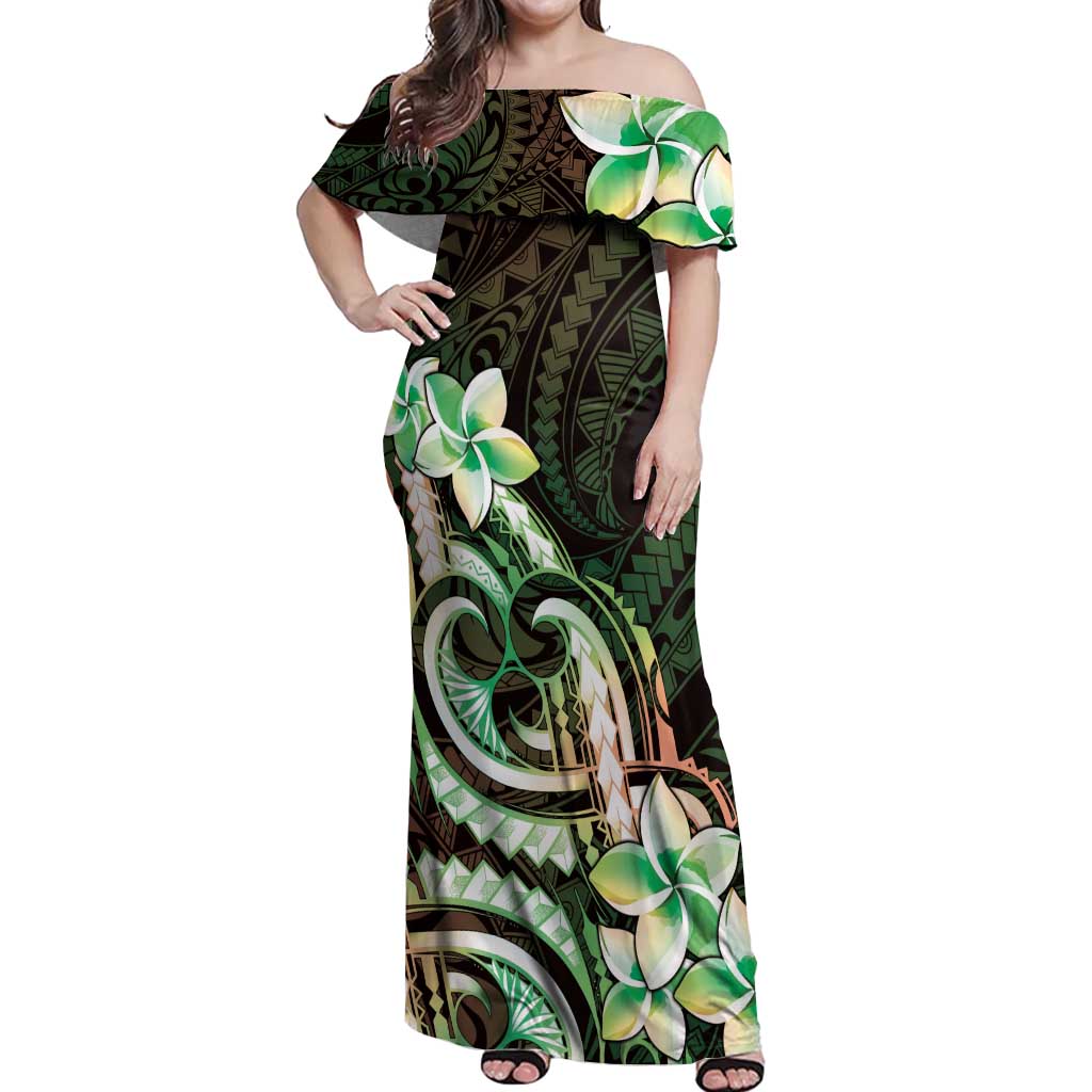 Polynesian Art Tattoo Off Shoulder Maxi Dress Plumeria Flowers Green Gradient