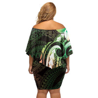 Polynesian Art Tattoo Off Shoulder Short Dress Plumeria Flowers Green Gradient LT05 - Polynesian Pride