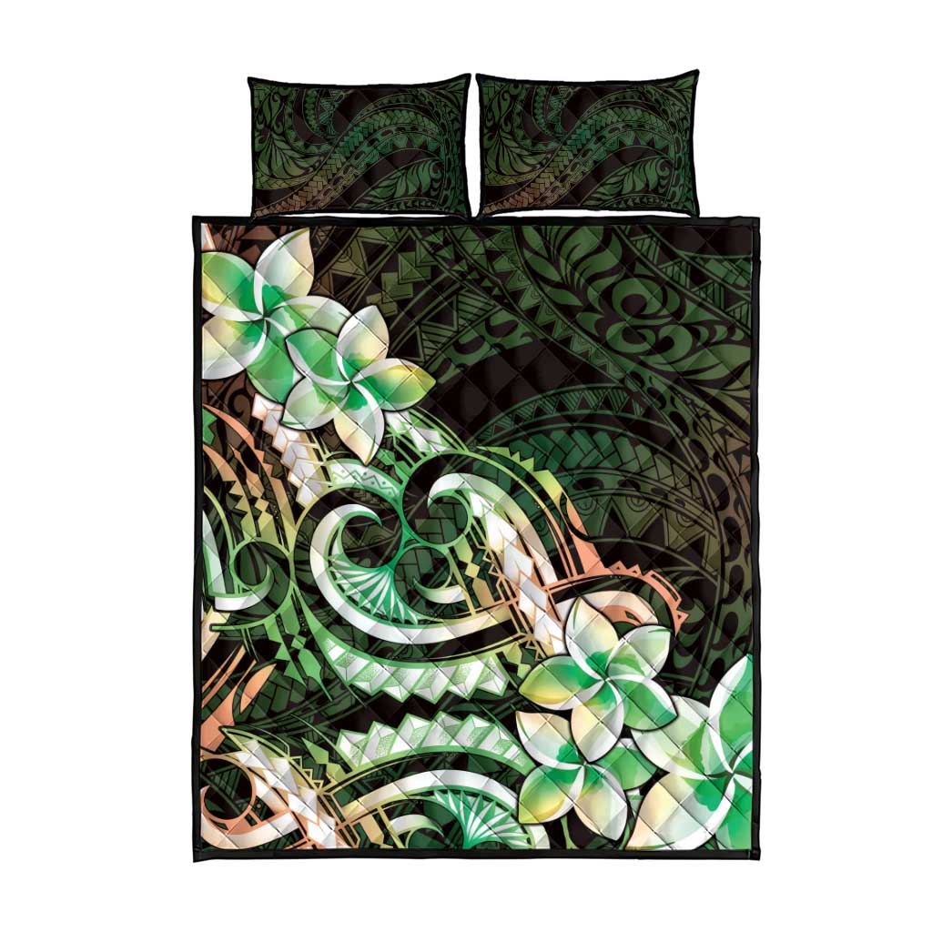 Polynesian Art Tattoo Quilt Bed Set Plumeria Flowers Green Gradient LT05 - Polynesian Pride