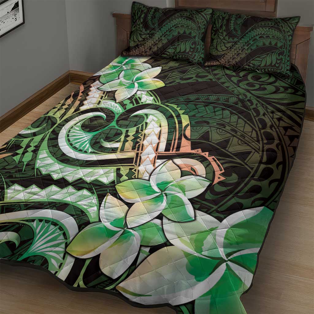 Polynesian Art Tattoo Quilt Bed Set Plumeria Flowers Green Gradient LT05 - Polynesian Pride