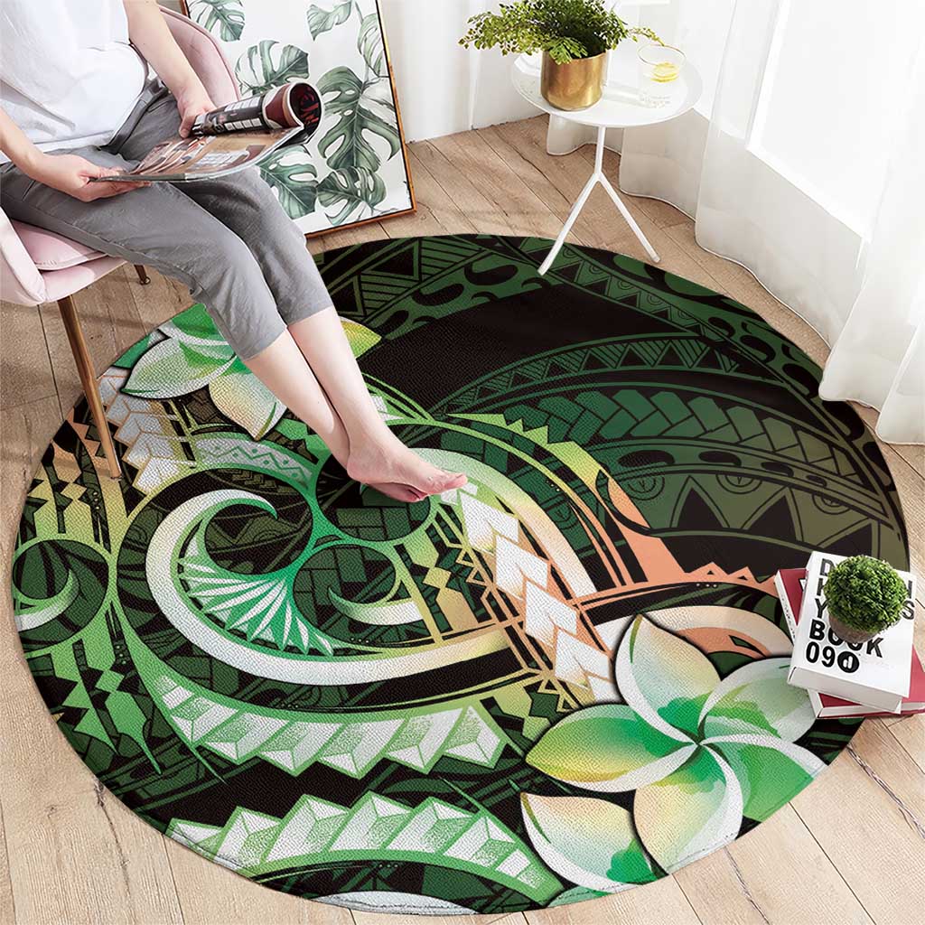 Polynesian Art Tattoo Round Carpet Plumeria Flowers Green Gradient LT05 - Polynesian Pride