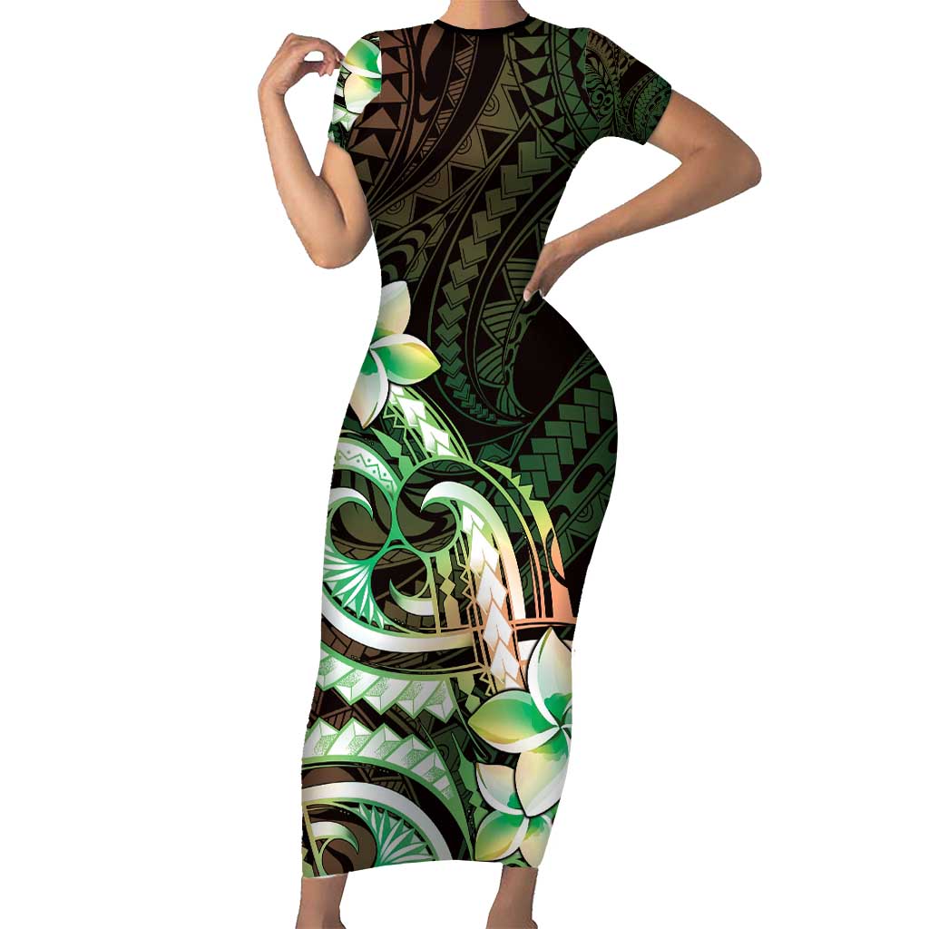 Polynesian Art Tattoo Short Sleeve Bodycon Dress Plumeria Flowers Green Gradient