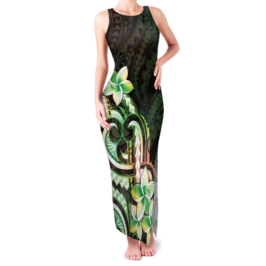 Polynesian Art Tattoo Tank Maxi Dress Plumeria Flowers Green Gradient