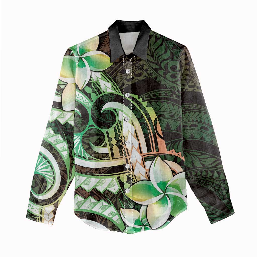 Polynesian Art Tattoo Women Casual Shirt Plumeria Flowers Green Gradient LT05 - Polynesian Pride