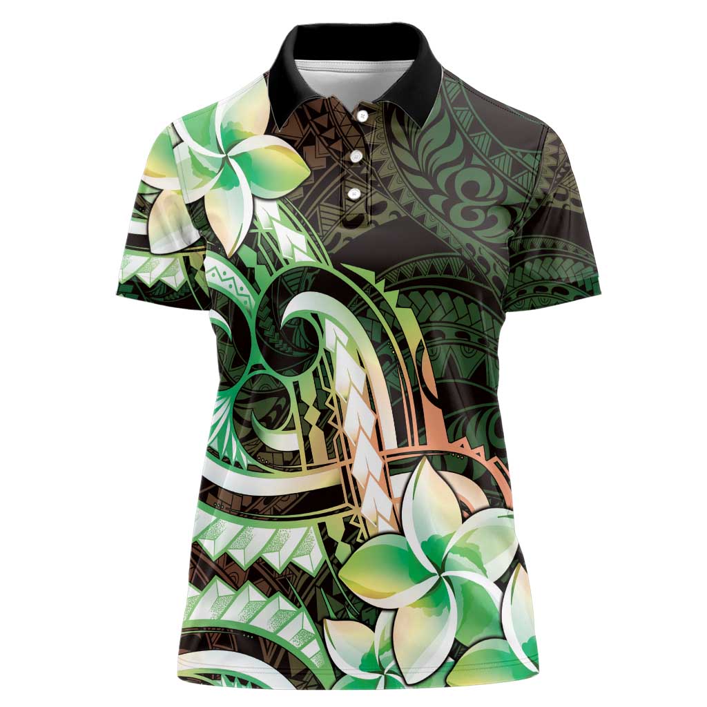 Polynesian Art Tattoo Women Polo Shirt Plumeria Flowers Green Gradient