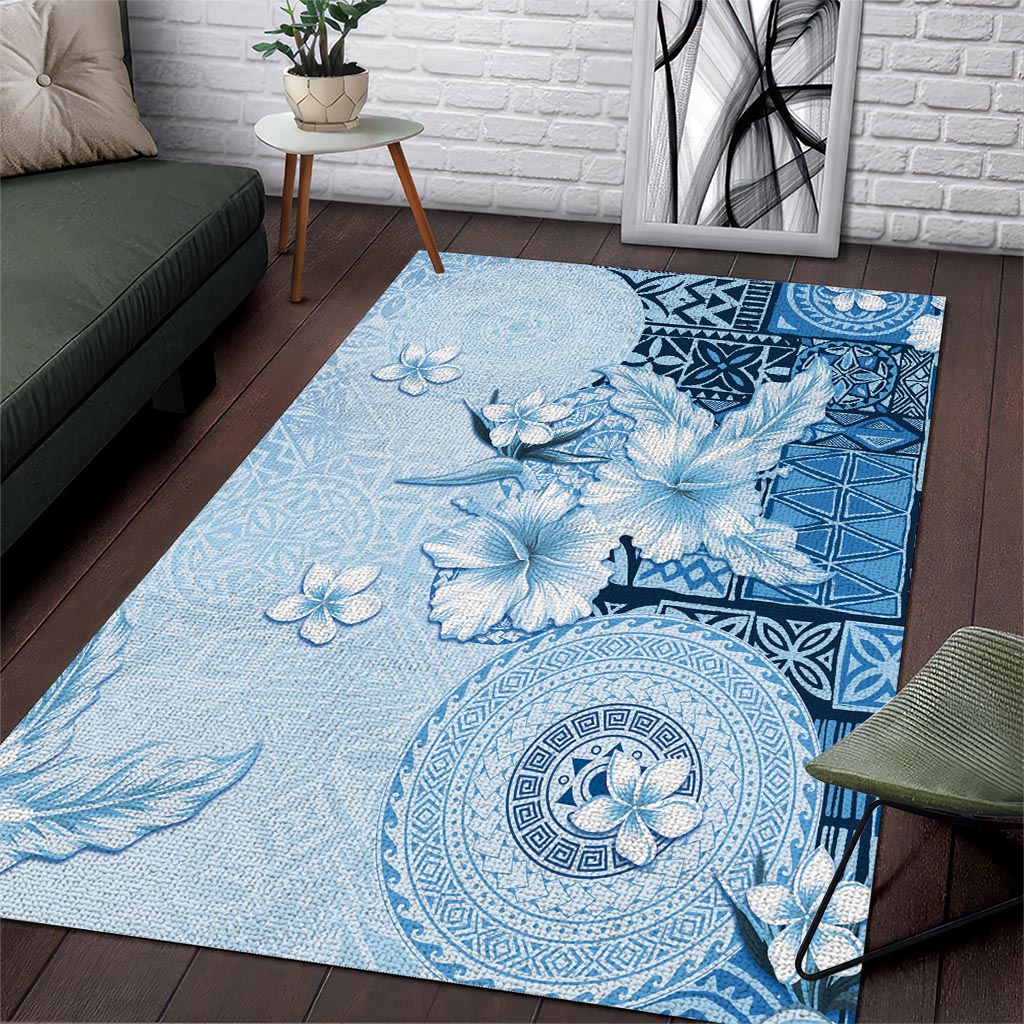 Hawaii Tapa Pattern With Blue Hibiscus Area Rug LT05 Blue - Polynesian Pride