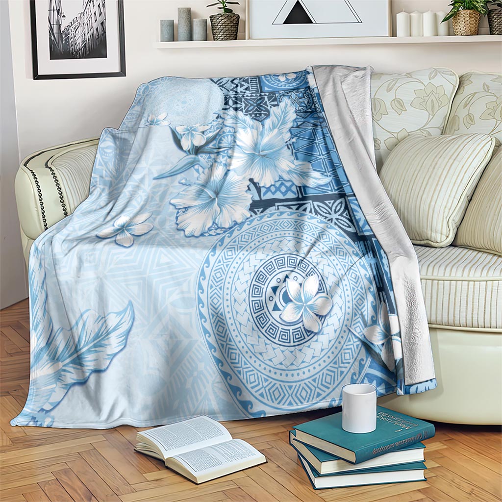 Hawaii Tapa Pattern With Blue Hibiscus Blanket LT05 Blue - Polynesian Pride