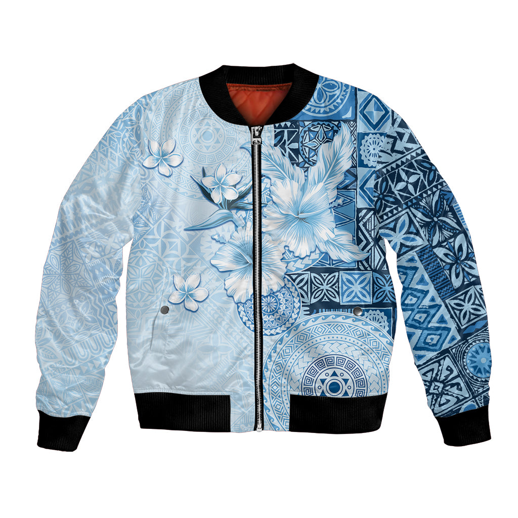 Hawaii Tapa Pattern With Blue Hibiscus Bomber Jacket LT05 Unisex Blue - Polynesian Pride