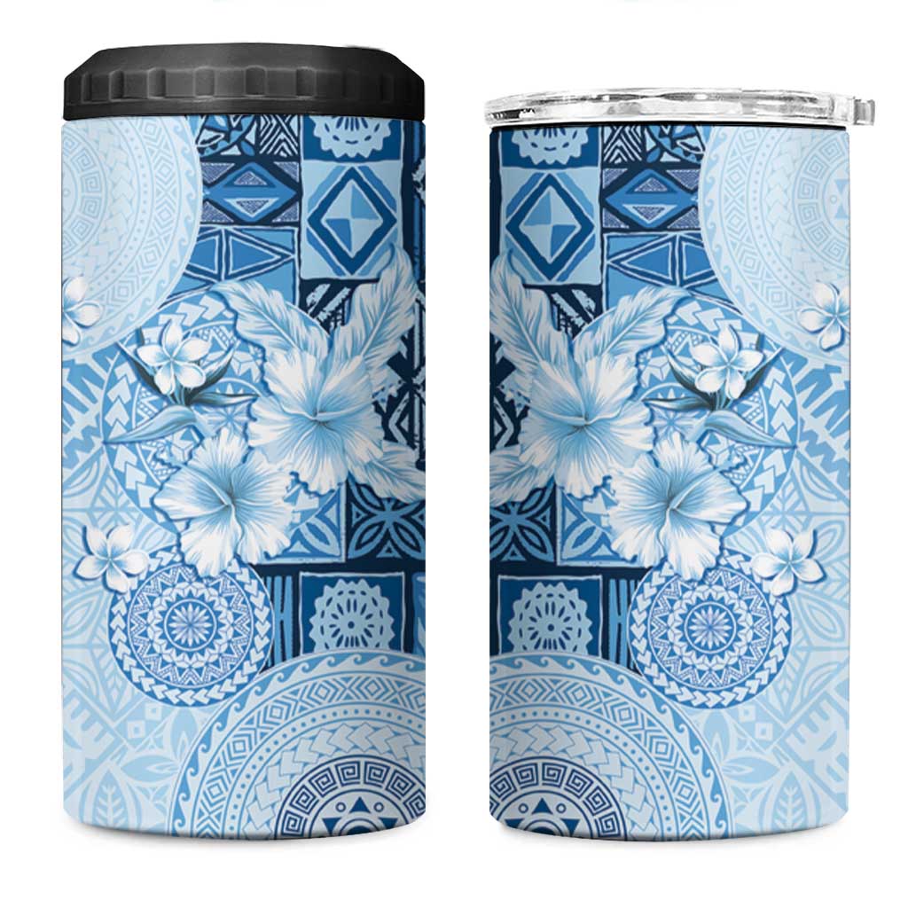 Hawaii Tapa Pattern With Blue Hibiscus 4 in 1 Can Cooler Tumbler LT05 One Size: 16 oz Blue - Polynesian Pride