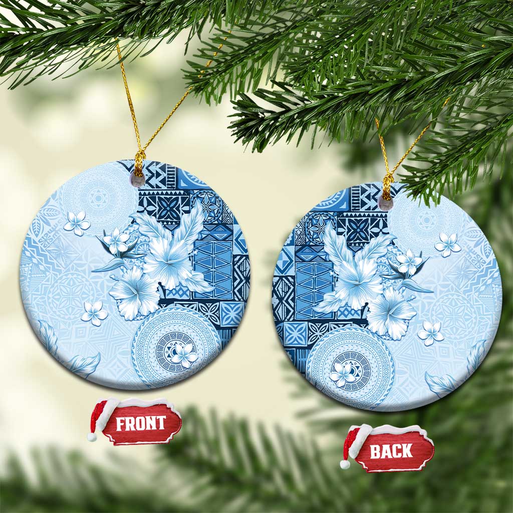 Hawaii Tapa Pattern With Blue Hibiscus Ceramic Ornament LT05 Circle Blue - Polynesian Pride