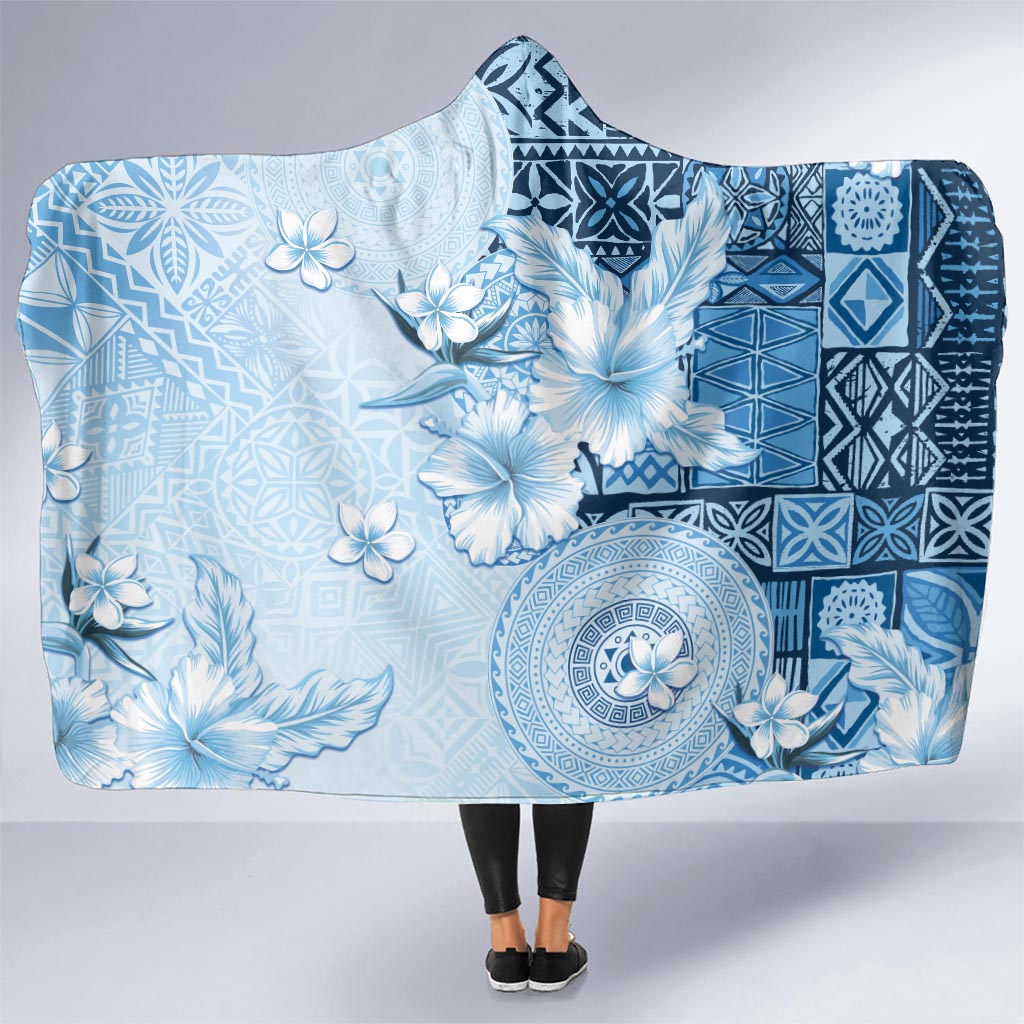 Hawaii Tapa Pattern With Blue Hibiscus Hooded Blanket LT05 - Polynesian Pride