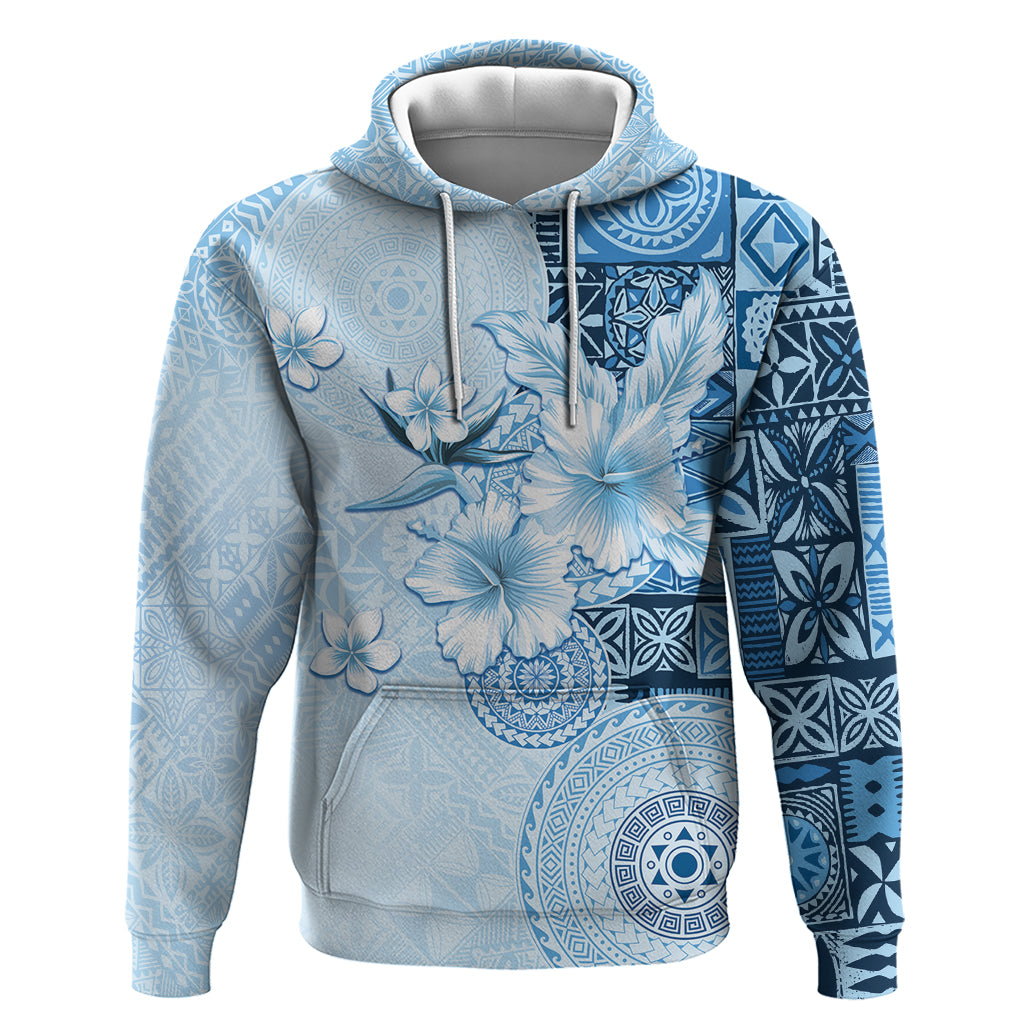 Hawaii Tapa Pattern With Blue Hibiscus Hoodie LT05 Pullover Hoodie Blue - Polynesian Pride