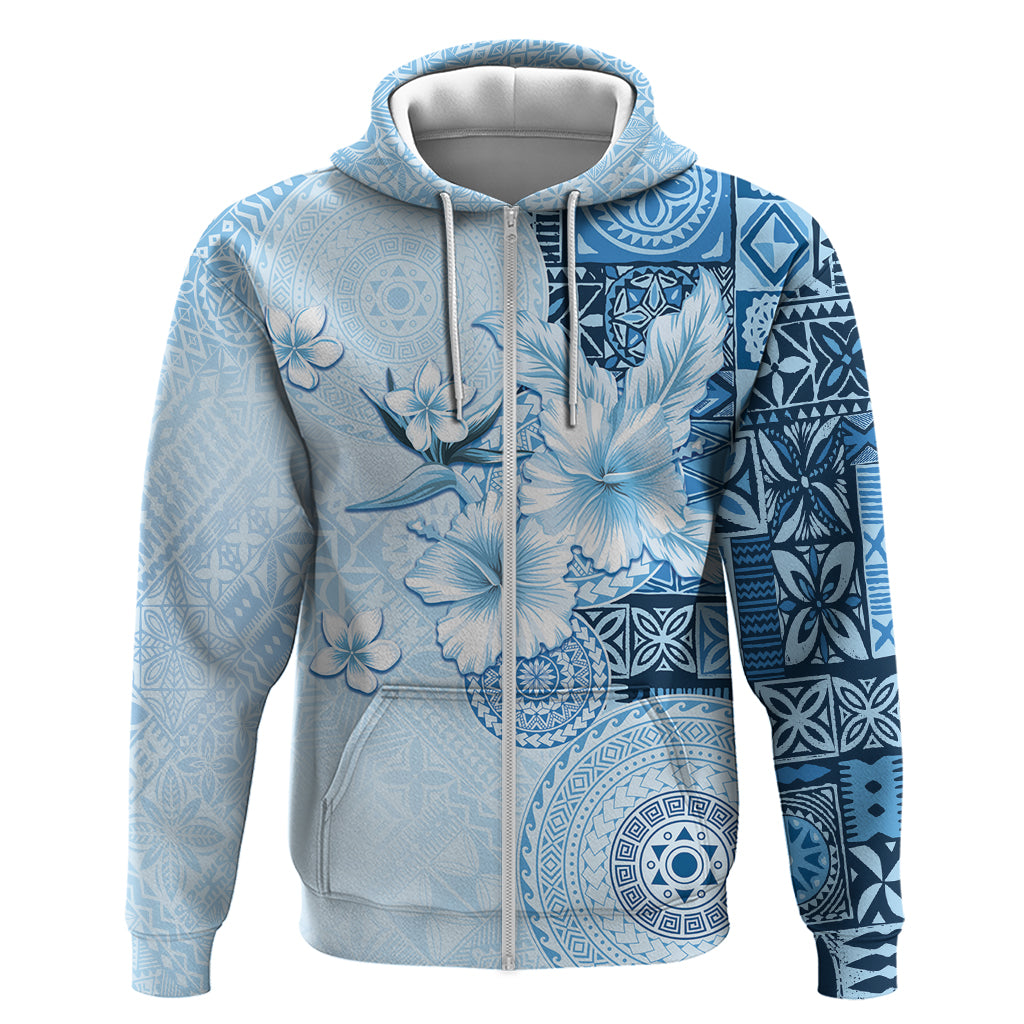 Hawaii Tapa Pattern With Blue Hibiscus Hoodie LT05 Zip Hoodie Blue - Polynesian Pride