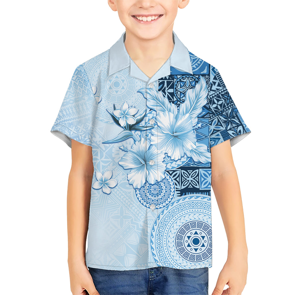 Hawaii Tapa Pattern With Blue Hibiscus Kid Hawaiian Shirt LT05 Kid Blue - Polynesian Pride