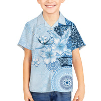 Hawaii Tapa Pattern With Blue Hibiscus Kid Hawaiian Shirt LT05 Kid Blue - Polynesian Pride