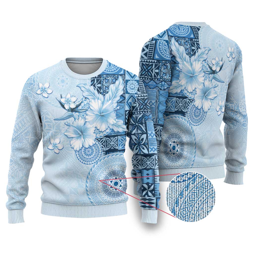 Hawaii Tapa Pattern With Blue Hibiscus Ugly Christmas Sweater LT05 Blue - Polynesian Pride