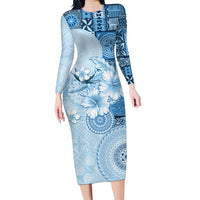 Hawaii Tapa Pattern With Blue Hibiscus Long Sleeve Bodycon Dress LT05 Long Dress Blue - Polynesian Pride