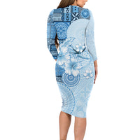 Hawaii Tapa Pattern With Blue Hibiscus Long Sleeve Bodycon Dress LT05 - Polynesian Pride