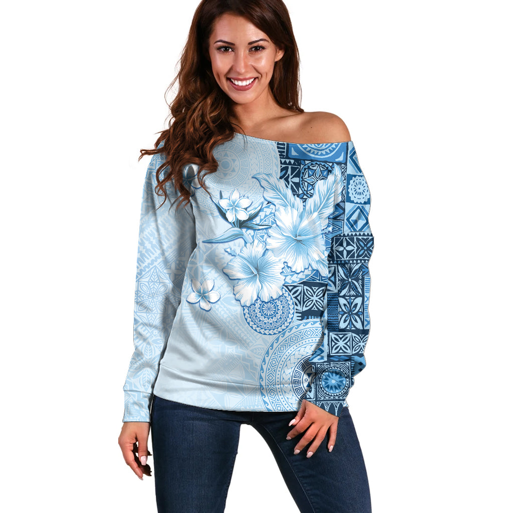 Hawaii Tapa Pattern With Blue Hibiscus Off Shoulder Sweater LT05 Women Blue - Polynesian Pride