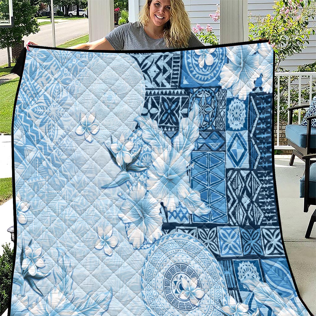 Hawaii Tapa Pattern With Blue Hibiscus Quilt LT05 Blue - Polynesian Pride