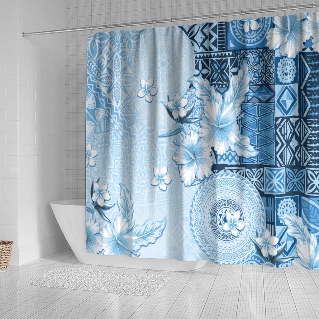 Hawaii Tapa Pattern With Blue Hibiscus Shower Curtain LT05 - Polynesian Pride