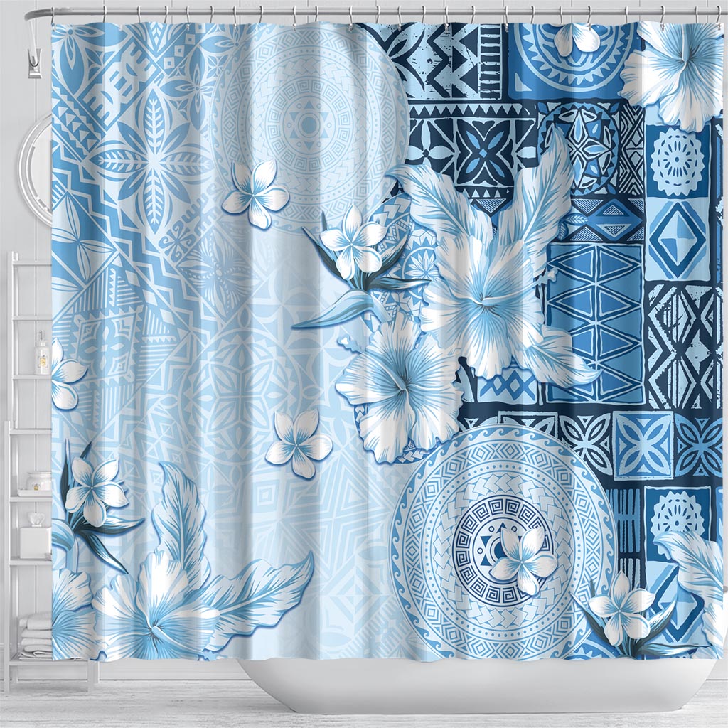 Hawaii Tapa Pattern With Blue Hibiscus Shower Curtain LT05 - Polynesian Pride