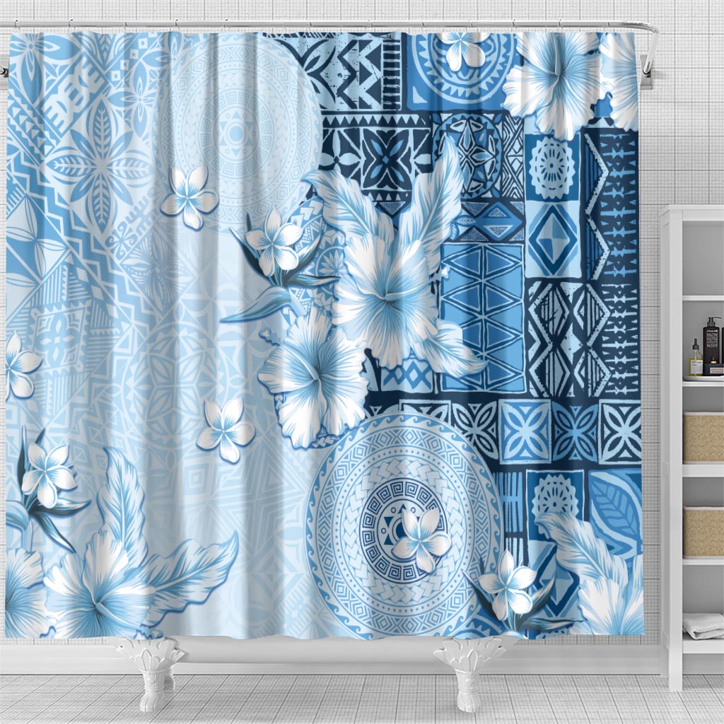 Hawaii Tapa Pattern With Blue Hibiscus Shower Curtain LT05 - Polynesian Pride