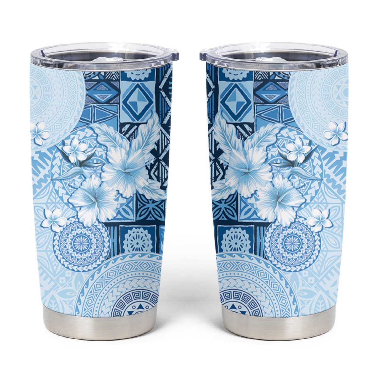 Hawaii Tapa Pattern With Blue Hibiscus Tumbler Cup LT05 Blue - Polynesian Pride