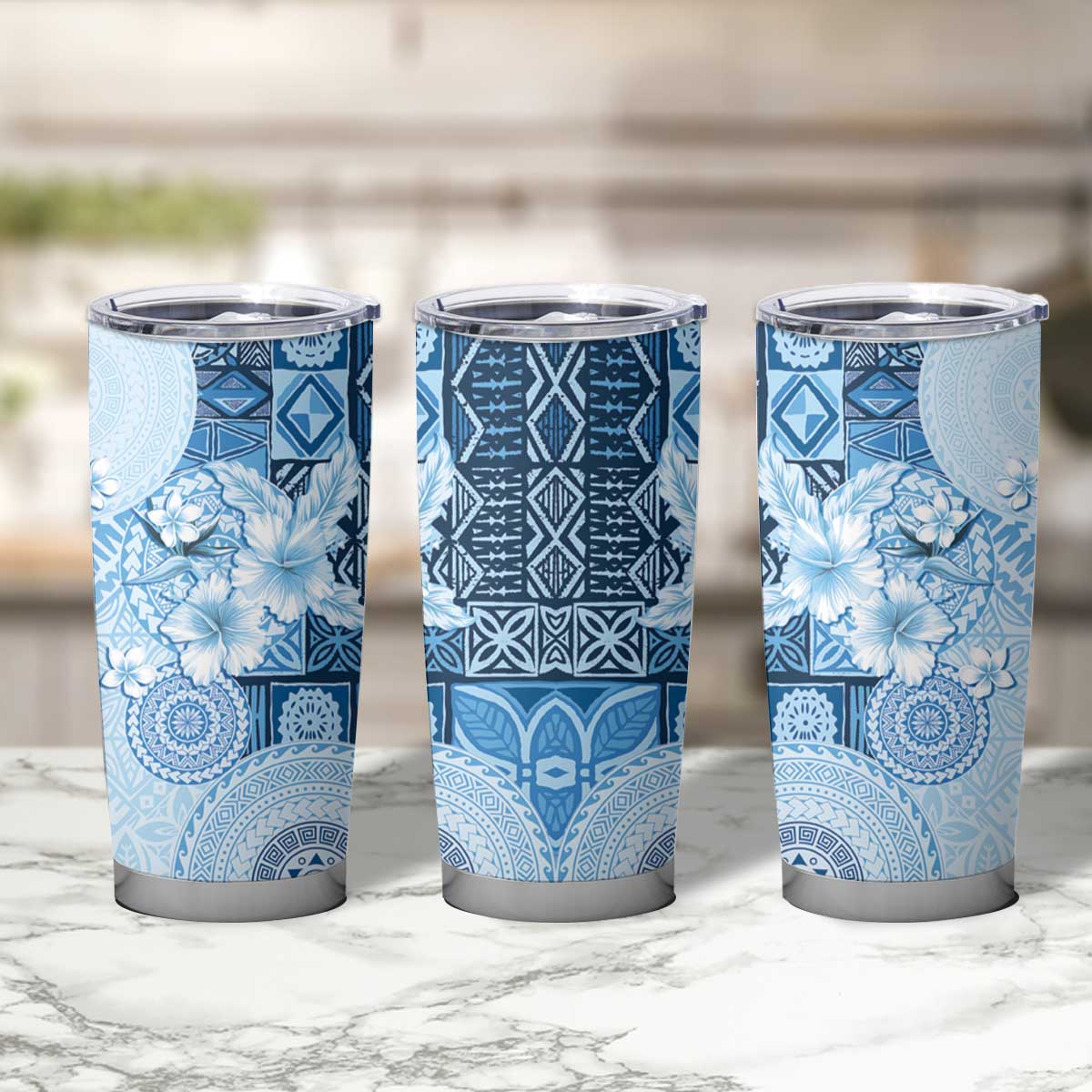 Hawaii Tapa Pattern With Blue Hibiscus Tumbler Cup LT05 - Polynesian Pride