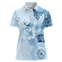 Hawaii Tapa Pattern With Blue Hibiscus Women Polo Shirt LT05 Female Blue - Polynesian Pride