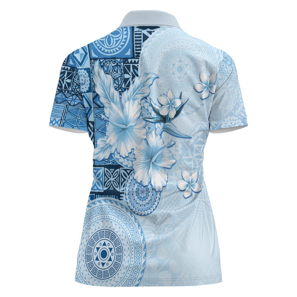 Hawaii Tapa Pattern With Blue Hibiscus Women Polo Shirt LT05 - Polynesian Pride