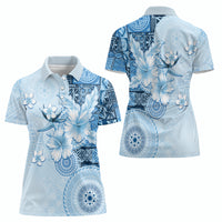 Hawaii Tapa Pattern With Blue Hibiscus Women Polo Shirt LT05 - Polynesian Pride
