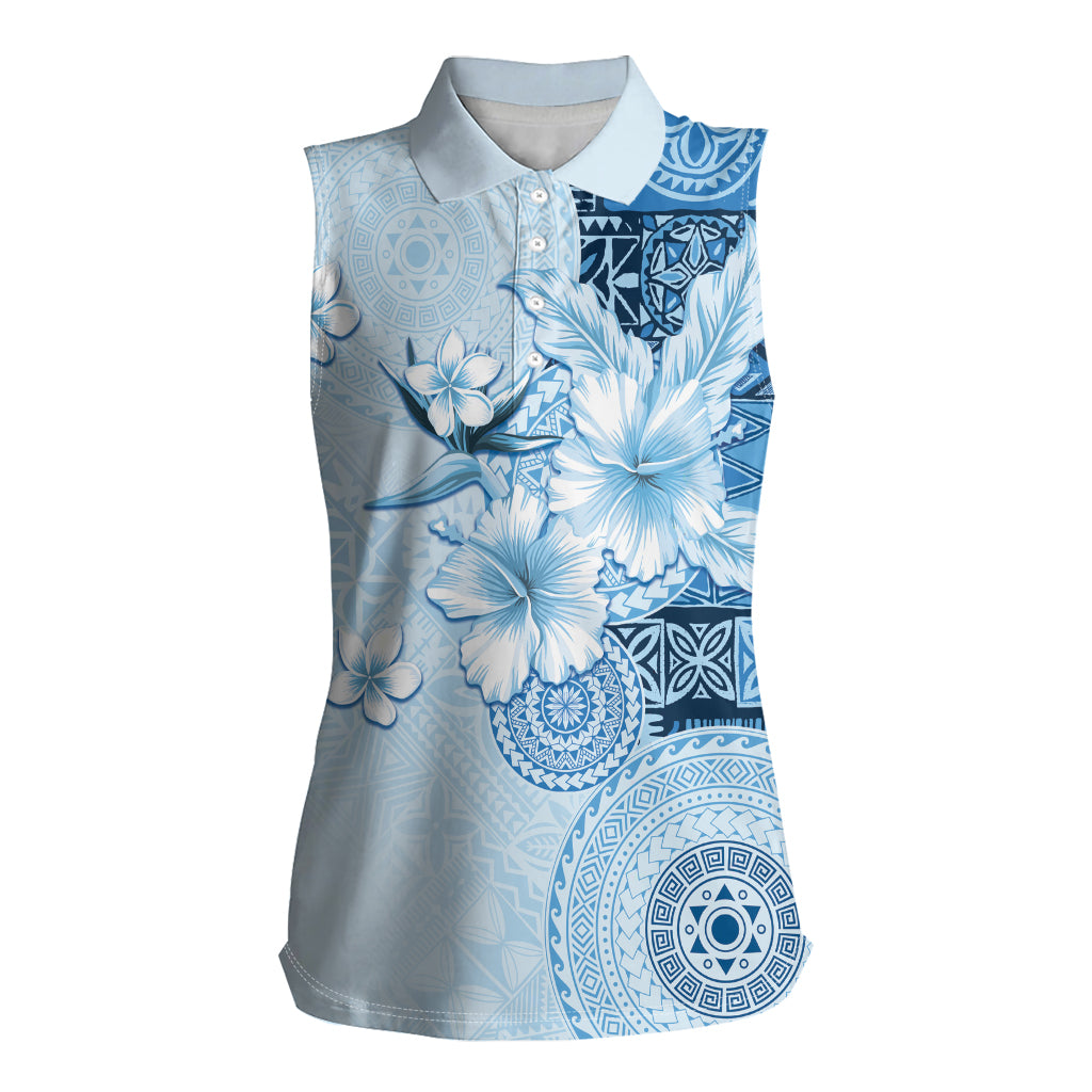 Hawaii Tapa Pattern With Blue Hibiscus Women Sleeveless Polo Shirt
