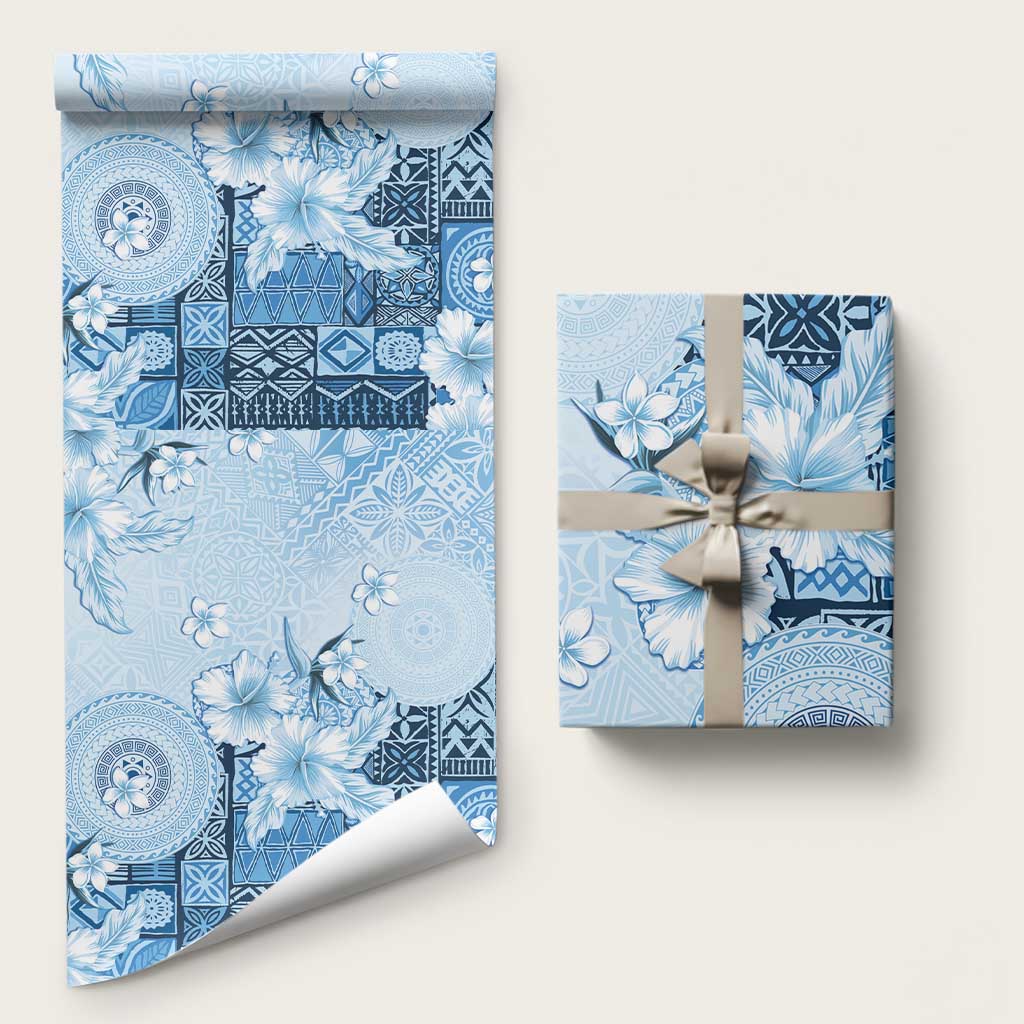 Hawaii Tapa Pattern With Blue Hibiscus Wrapping Paper LT05 58" × 23" Blue - Polynesian Pride
