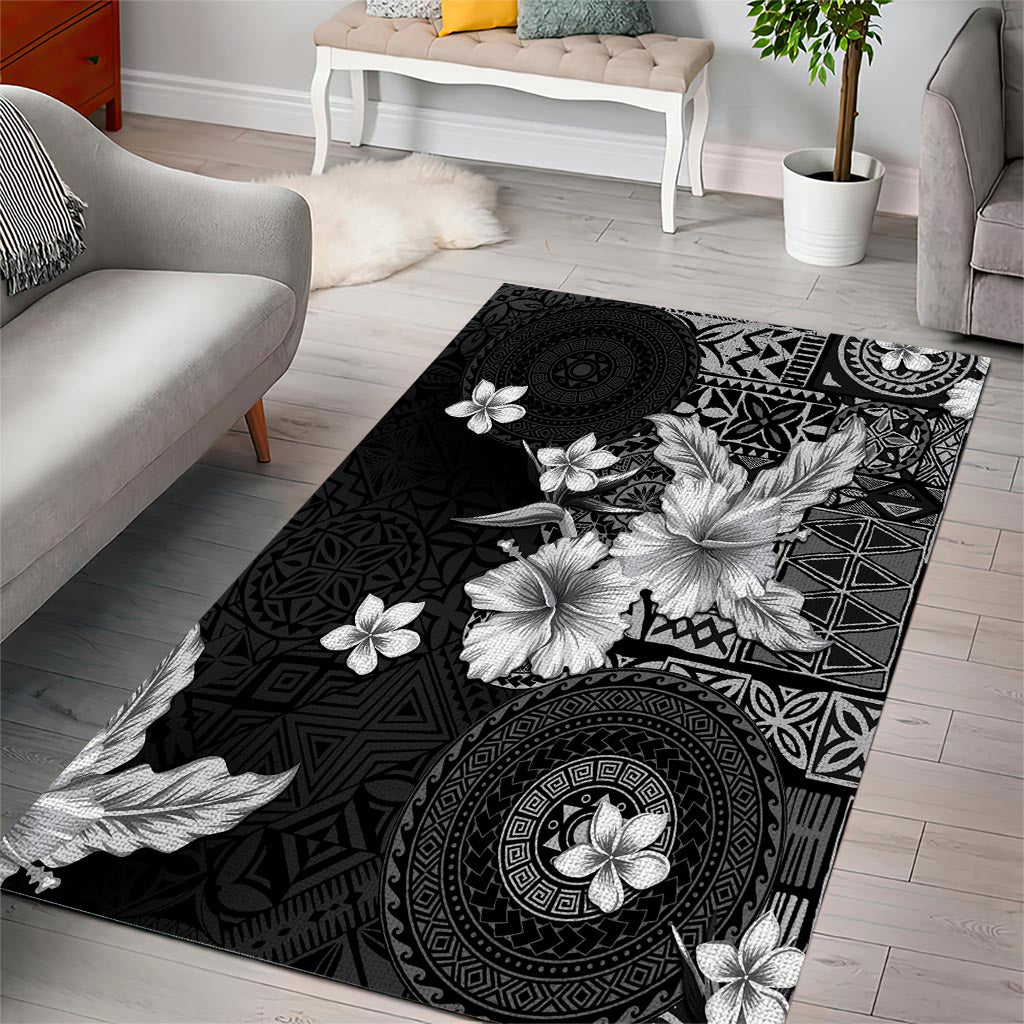 Hawaii Tapa Pattern With Black Hibiscus Area Rug LT05 - Polynesian Pride