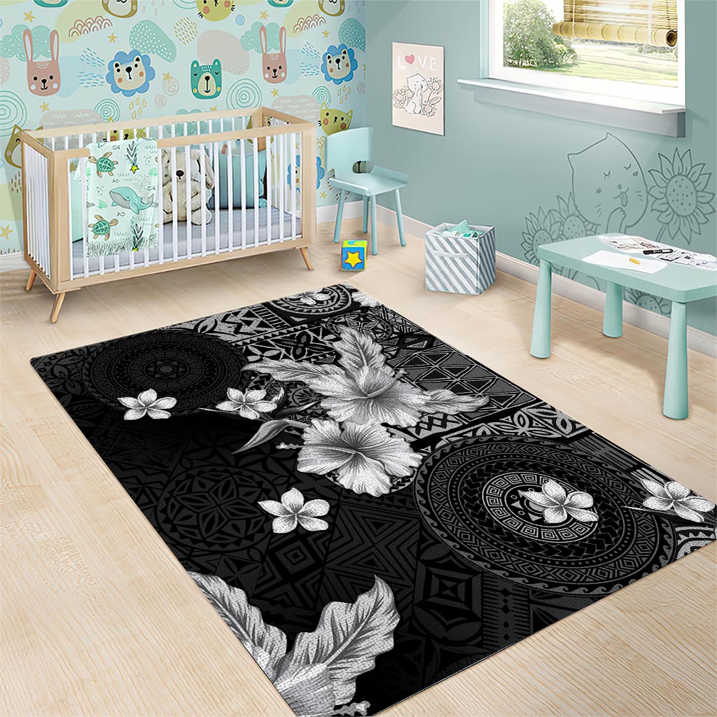Hawaii Tapa Pattern With Black Hibiscus Area Rug LT05 - Polynesian Pride