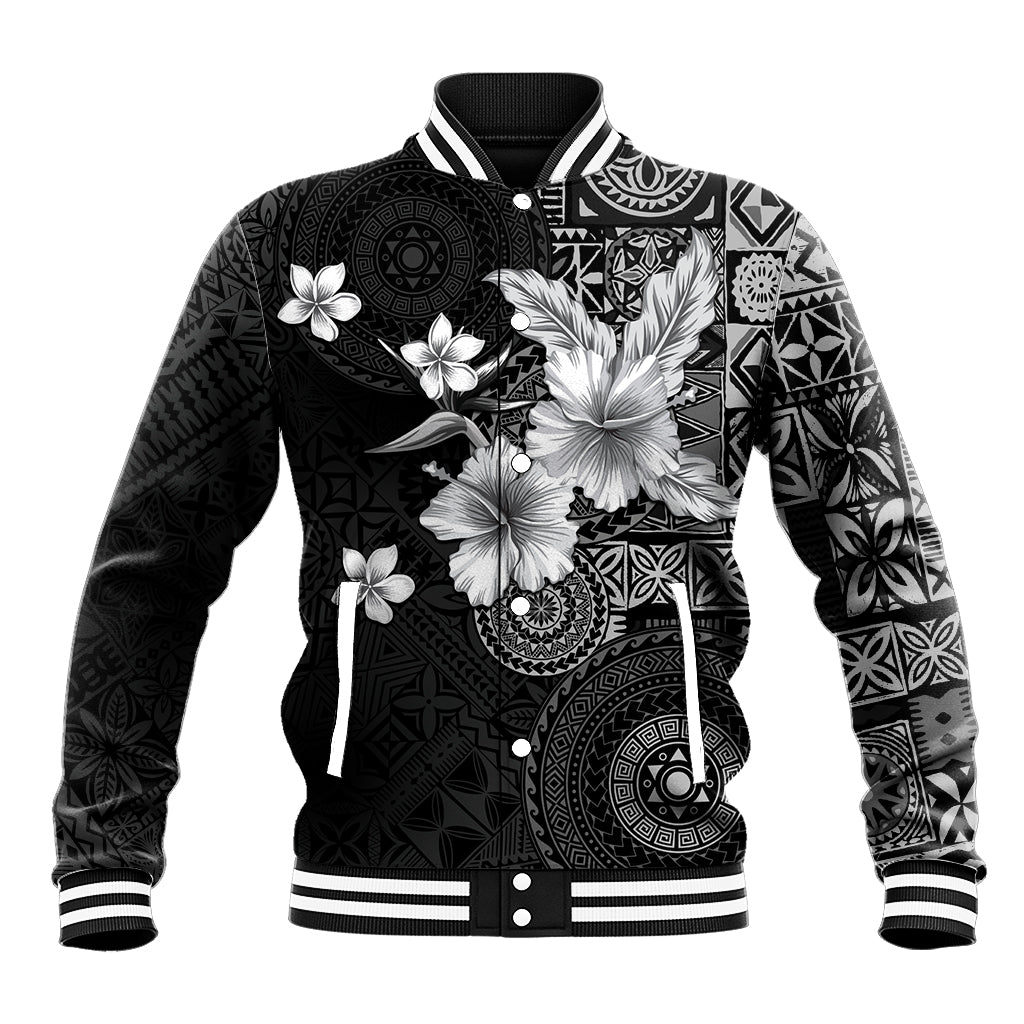 Hawaii Tapa Pattern With Black Hibiscus Baseball Jacket LT05 Unisex Black - Polynesian Pride
