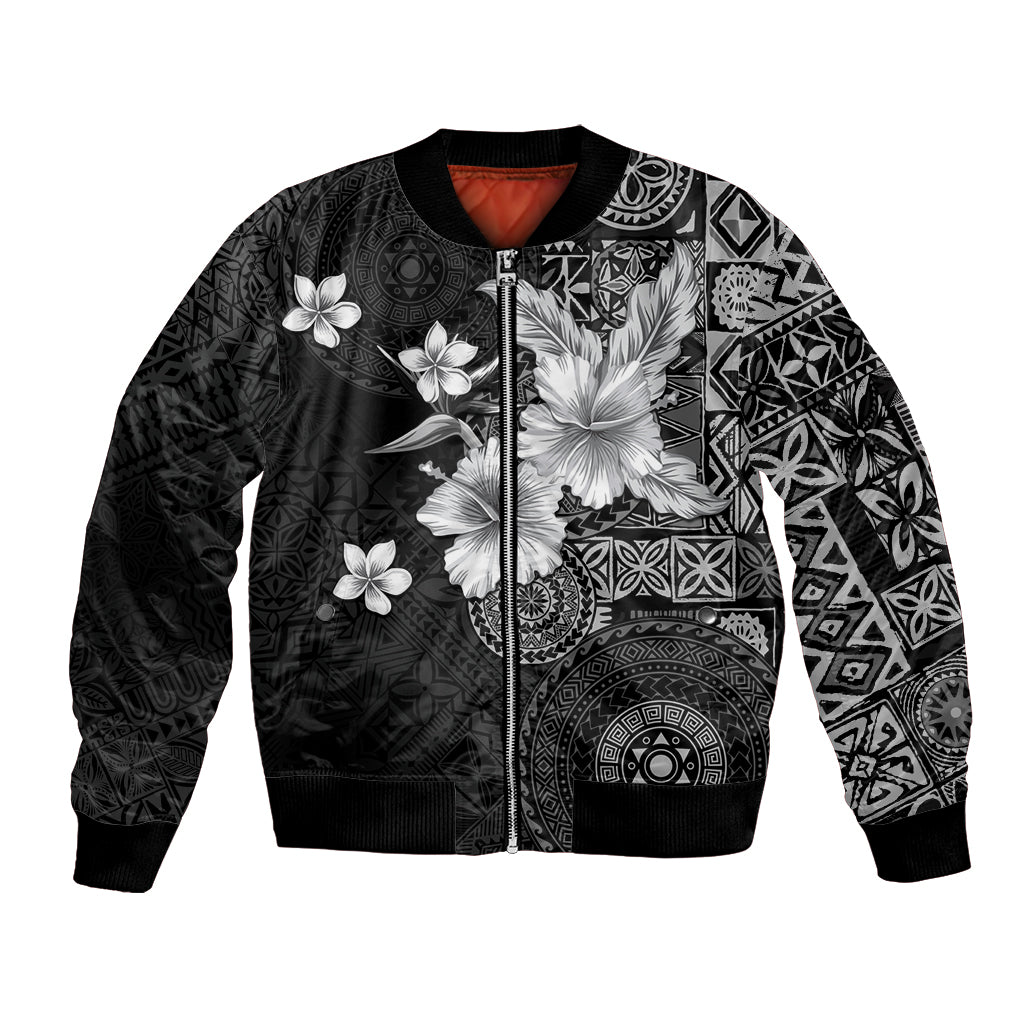 Hawaii Tapa Pattern With Black Hibiscus Bomber Jacket LT05 Unisex Black - Polynesian Pride