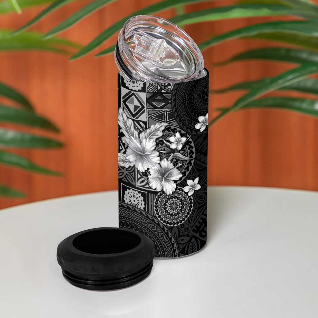 Hawaii Tapa Pattern With Black Hibiscus 4 in 1 Can Cooler Tumbler LT05 - Polynesian Pride