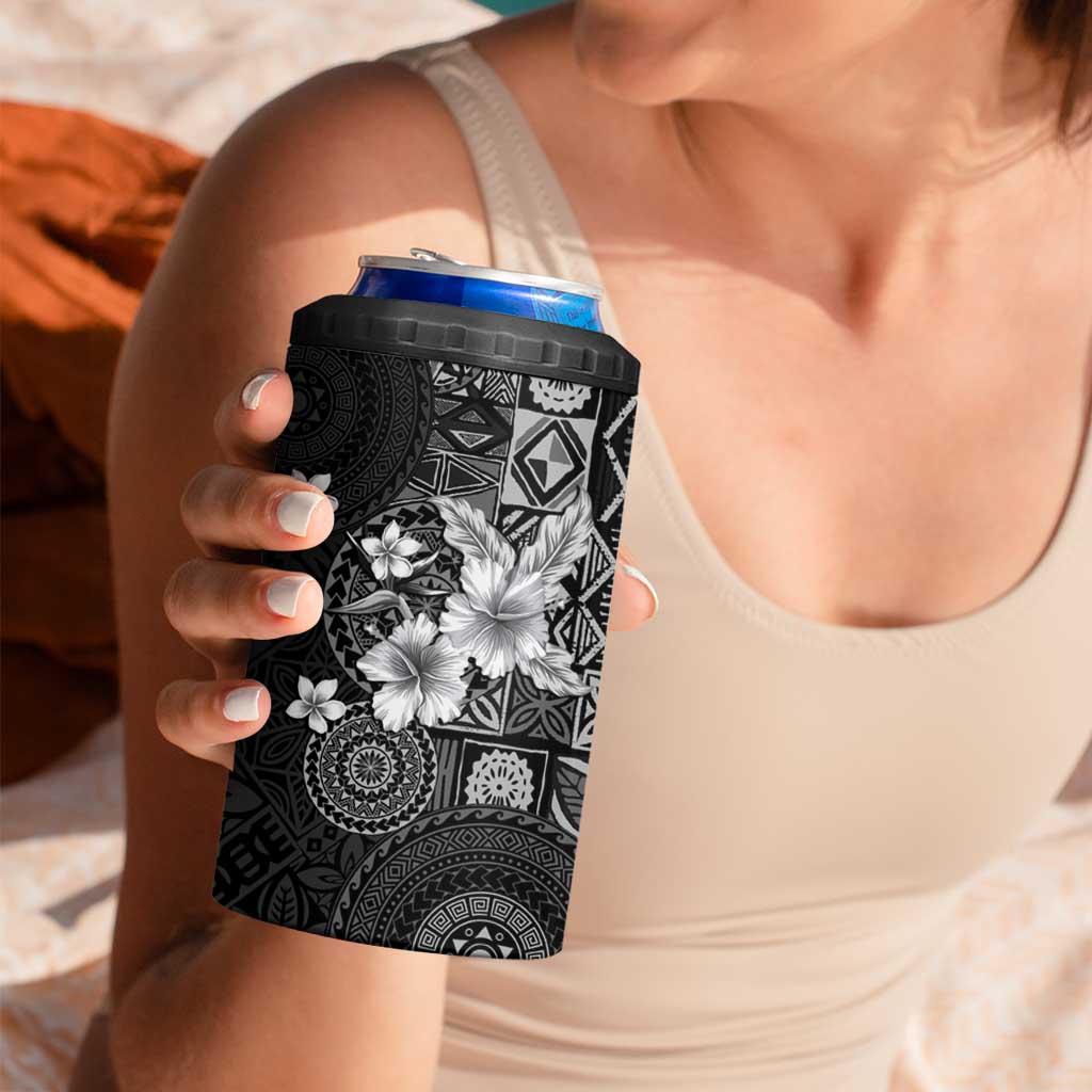 Hawaii Tapa Pattern With Black Hibiscus 4 in 1 Can Cooler Tumbler LT05 - Polynesian Pride