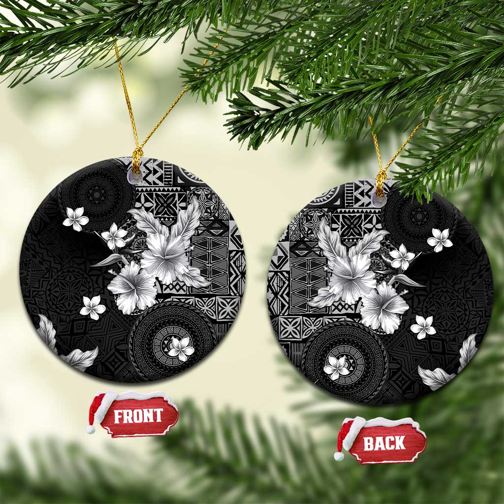Hawaii Tapa Pattern With Black Hibiscus Ceramic Ornament LT05 Circle Black - Polynesian Pride